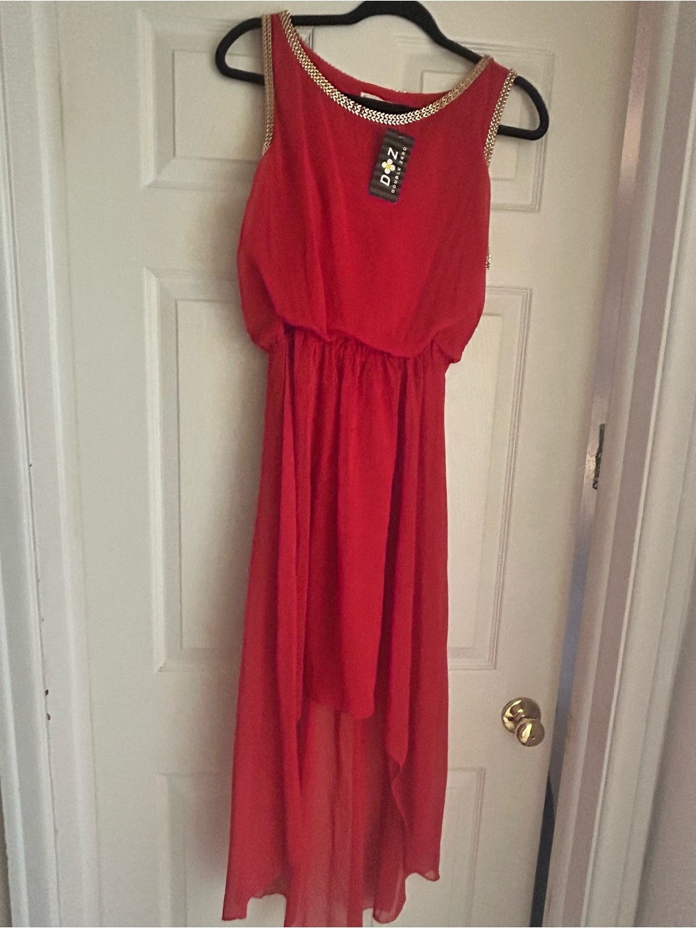 Double Zero Red Chiffon High-Low Dress with Beaded Trim